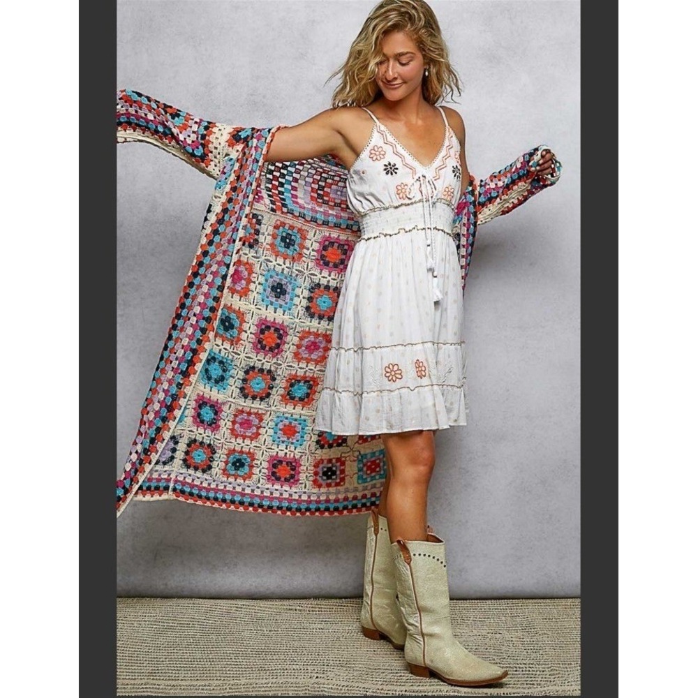 POL Womens Multicolor Crochet Open-Knit Granny Square Cardigan Boho One Size